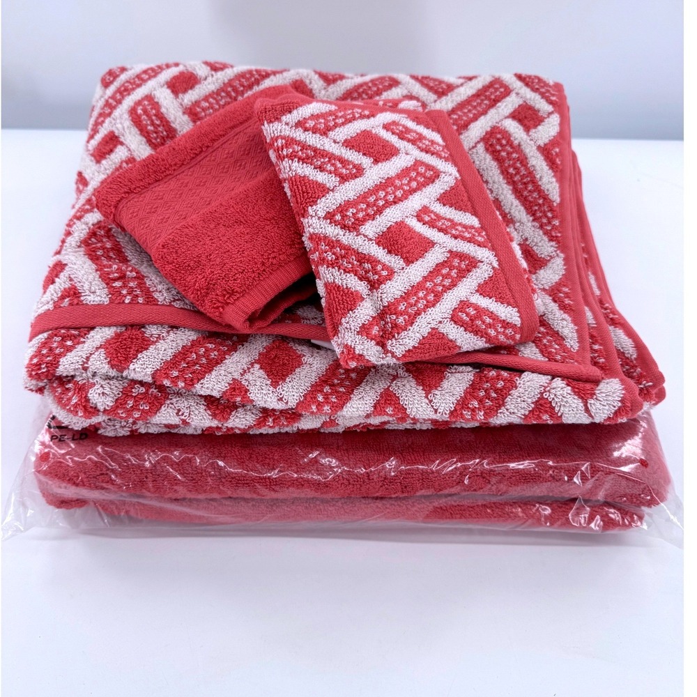 Chaps‎ Bath Towel Washcloth Set Coral Stone Harbor Geometric Turkish Cotton  New